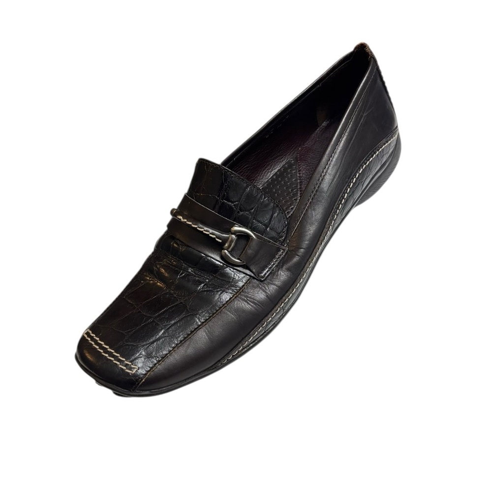 Sesto Meucci Brown Leather Loafers Womens Sz 8.5 Horse Bit Buckle Croc Embossed - Picture 1 of 14